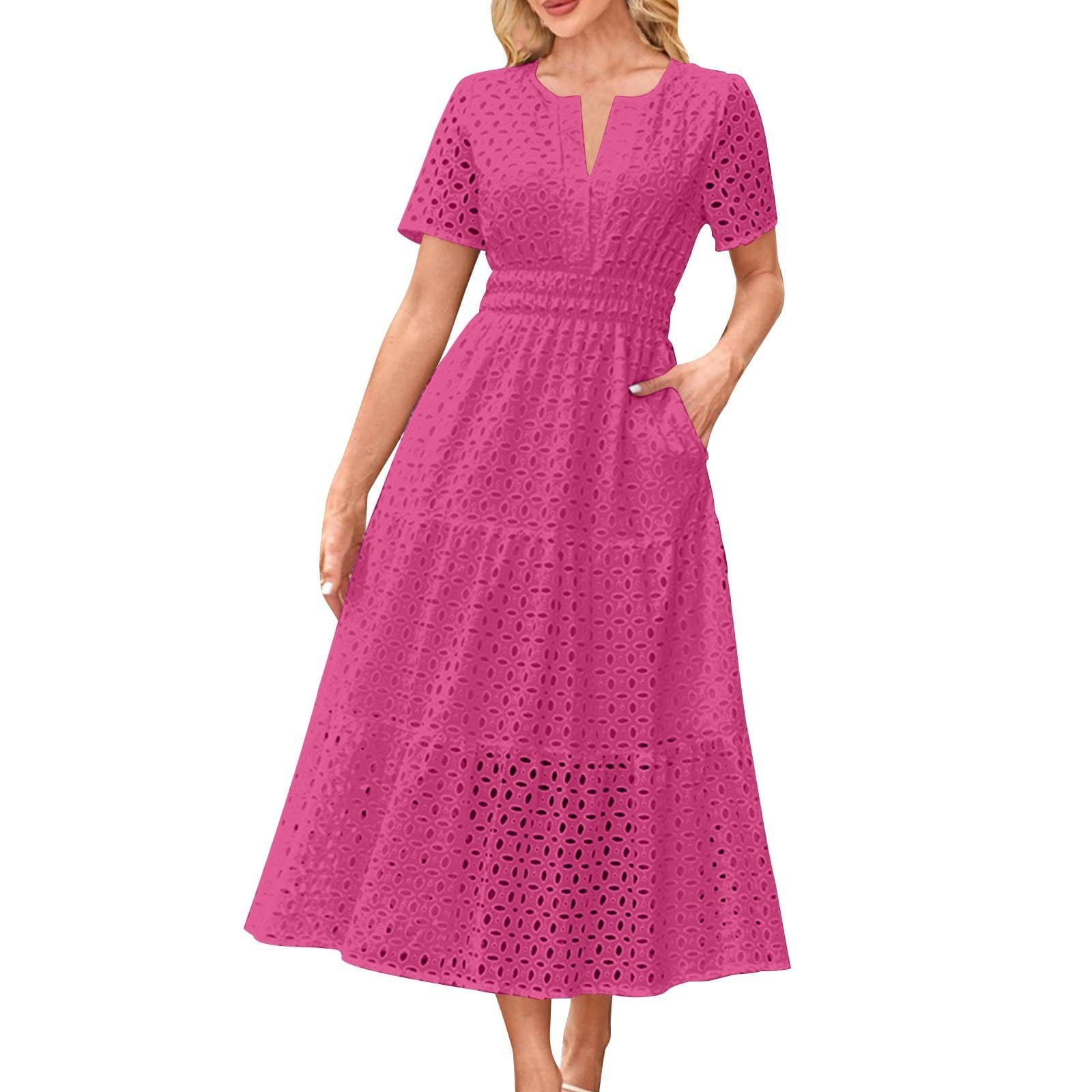 Alternative view of Tummy Control Dresses for Women Going Out Cotton Pink A-Line Eyelet Midi Short Sleeve Vacation Dresses