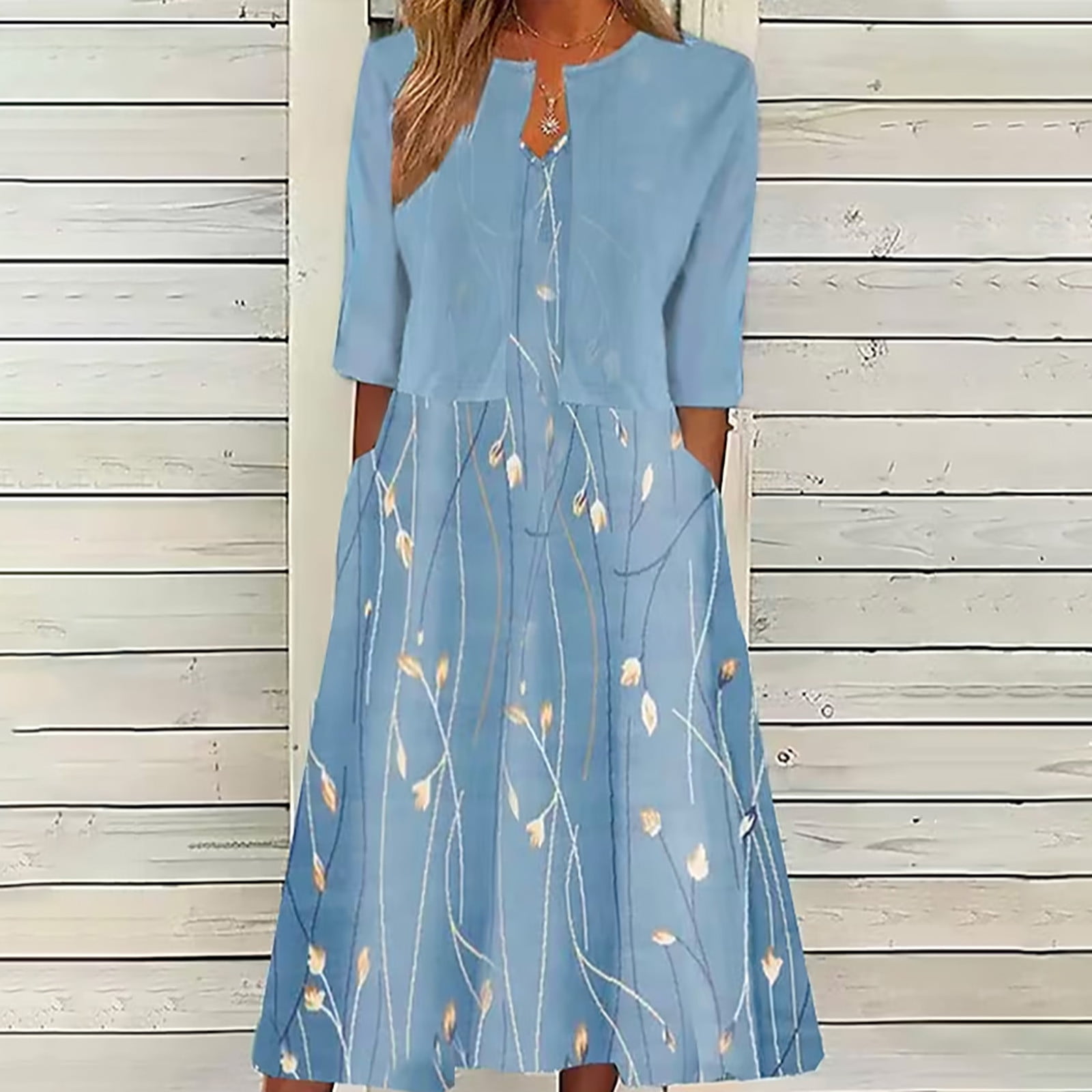 Two Pieces Dress Sets Women's Summer Printed V-Neck Elegant A Line Tank Dress and Half Sleeve Cardigan Tops Set Suit Light Blue