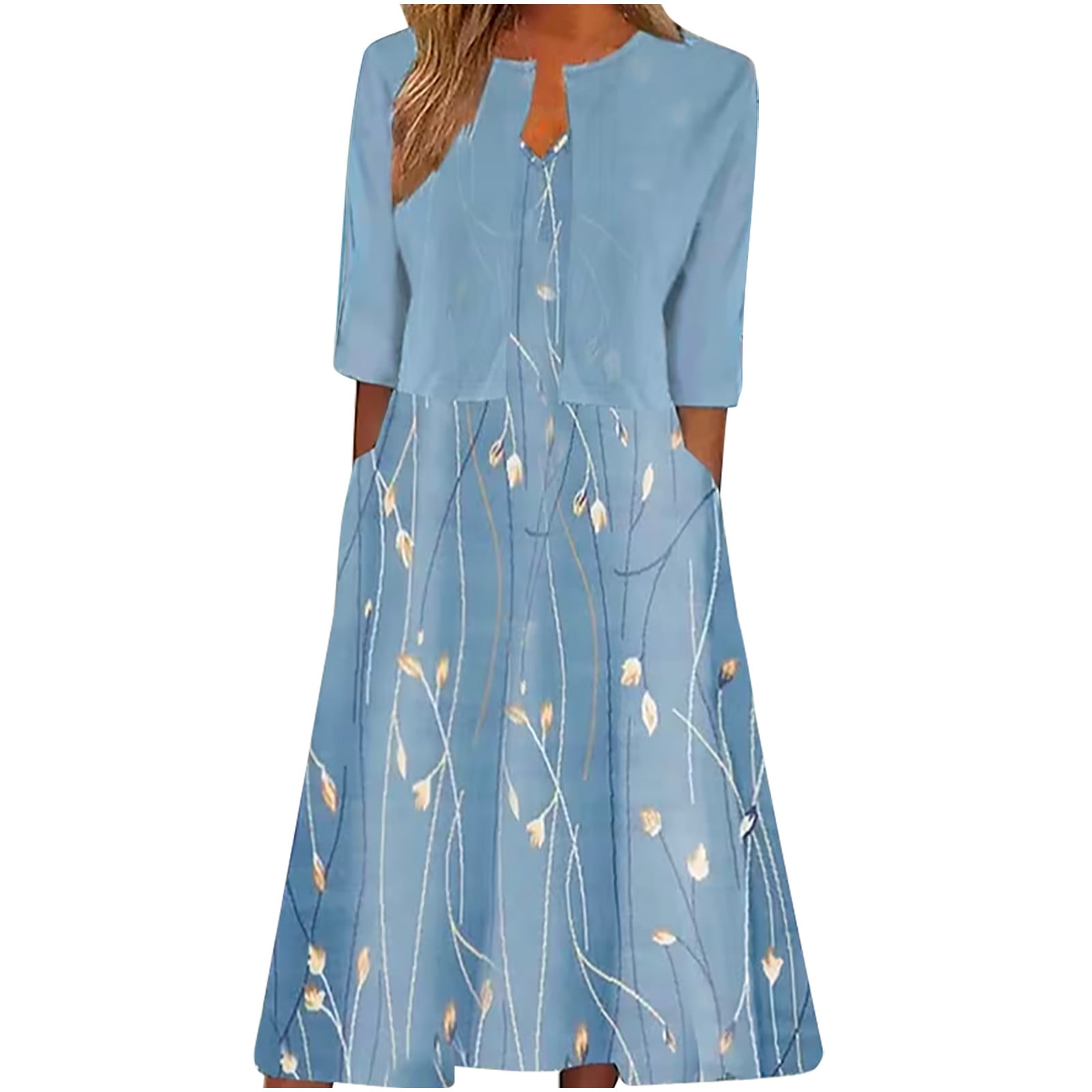 Alternative view of Two Pieces Dress Sets Women's Summer Printed V-Neck Elegant A Line Tank Dress and Half Sleeve Cardigan Tops Set Suit Light Blue