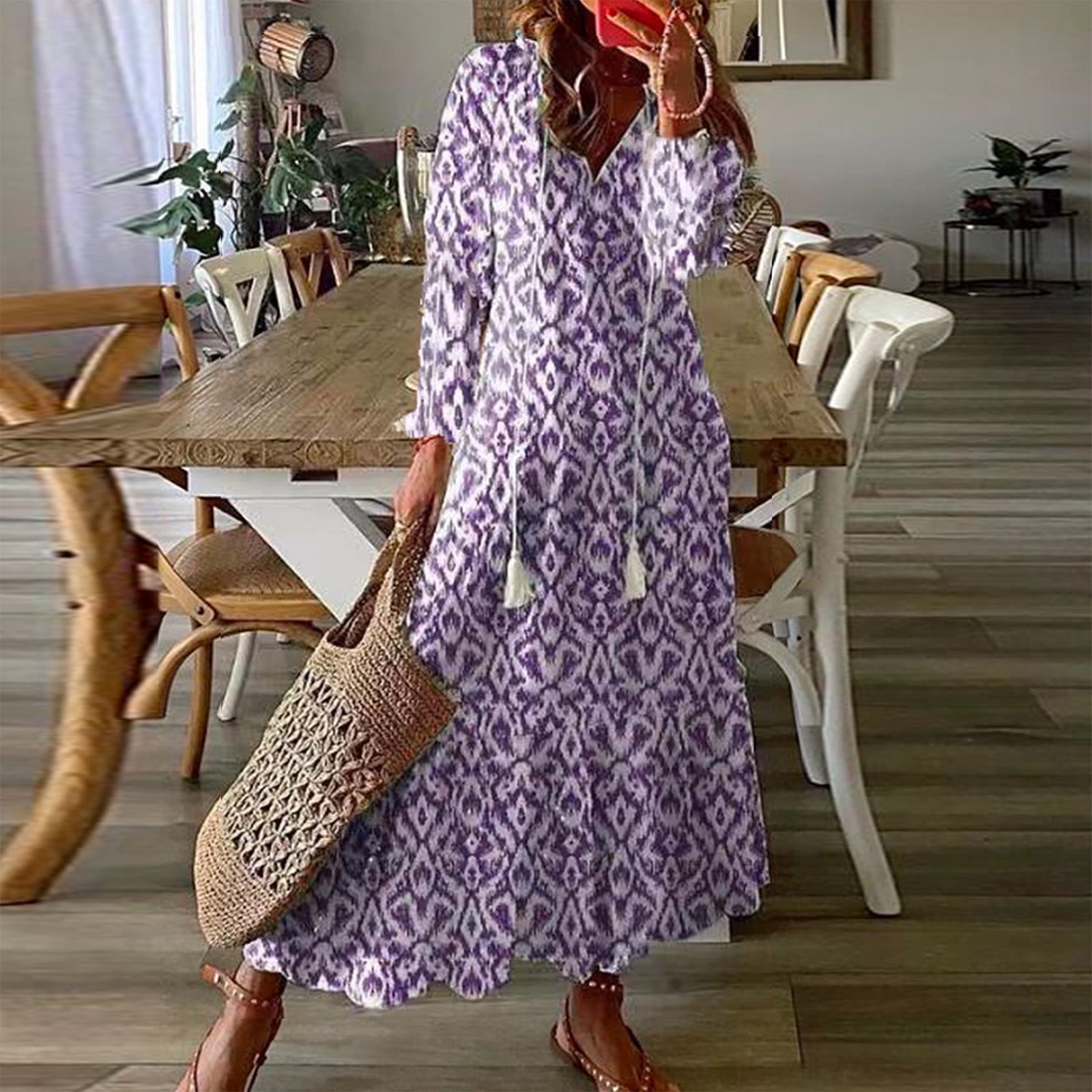 Plus Size Dresses Women Fashion Women's Casual Spring and Summer V-Neck Three-quarter Sleeve Printed Dress - Image 4