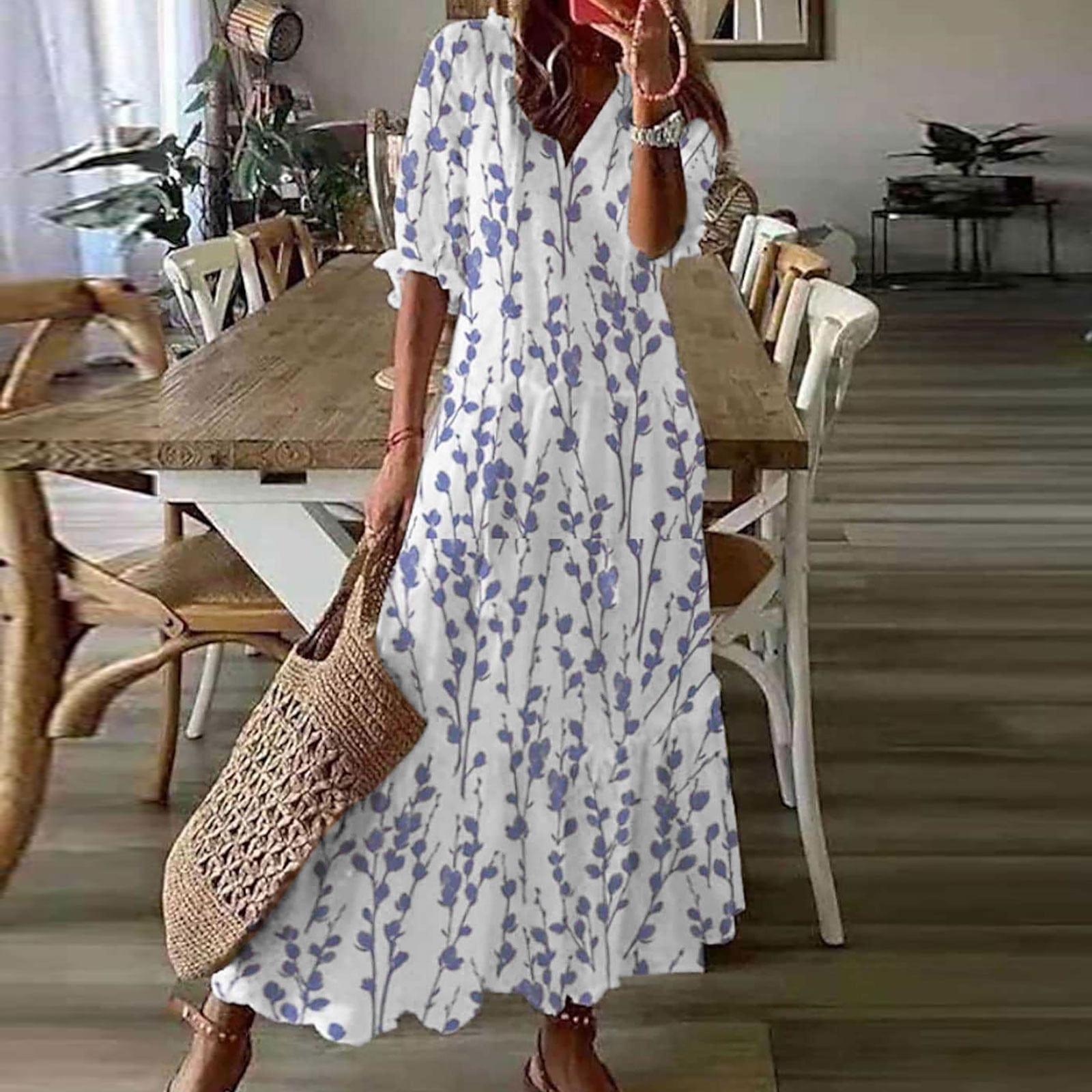 Plus Size Dresses Women Fashion Women's Casual Spring and Summer V-Neck Three-quarter Sleeve Printed Dress - Image 6