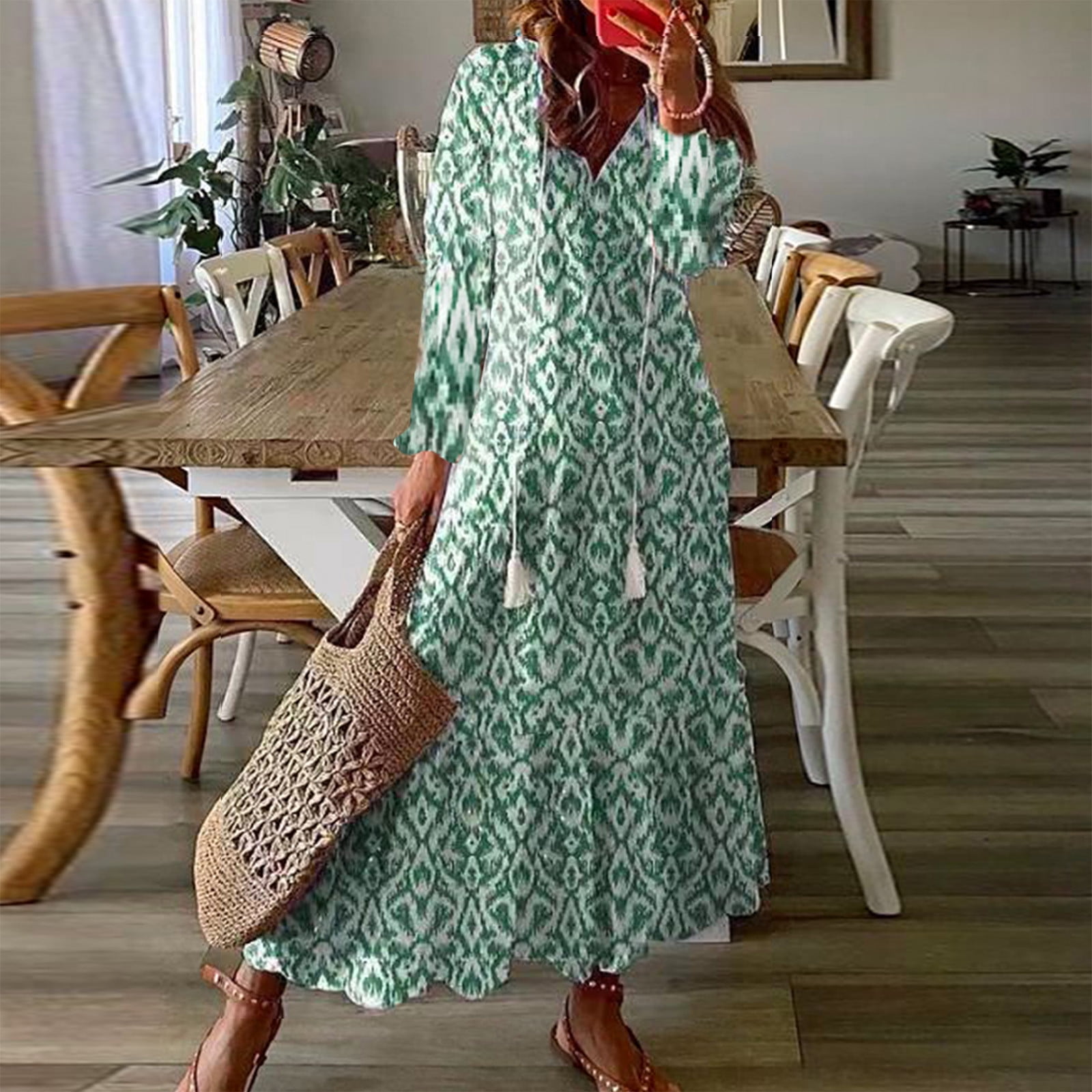 Plus Size Dresses Women Fashion Women's Casual Spring and Summer V-Neck Three-quarter Sleeve Printed Dress - Image 3