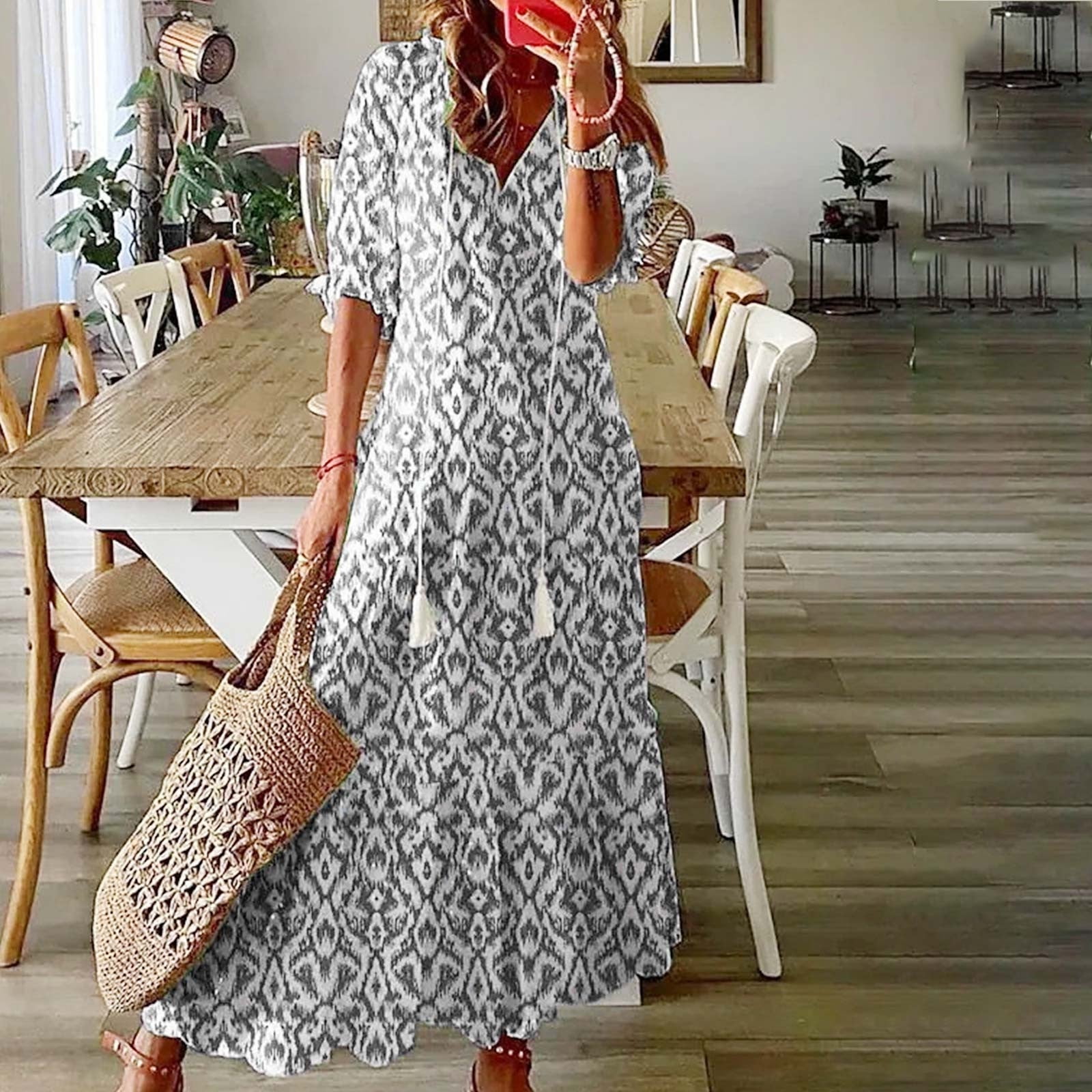 Plus Size Dresses Women Fashion Women's Casual Spring and Summer V-Neck Three-quarter Sleeve Printed Dress - Image 9