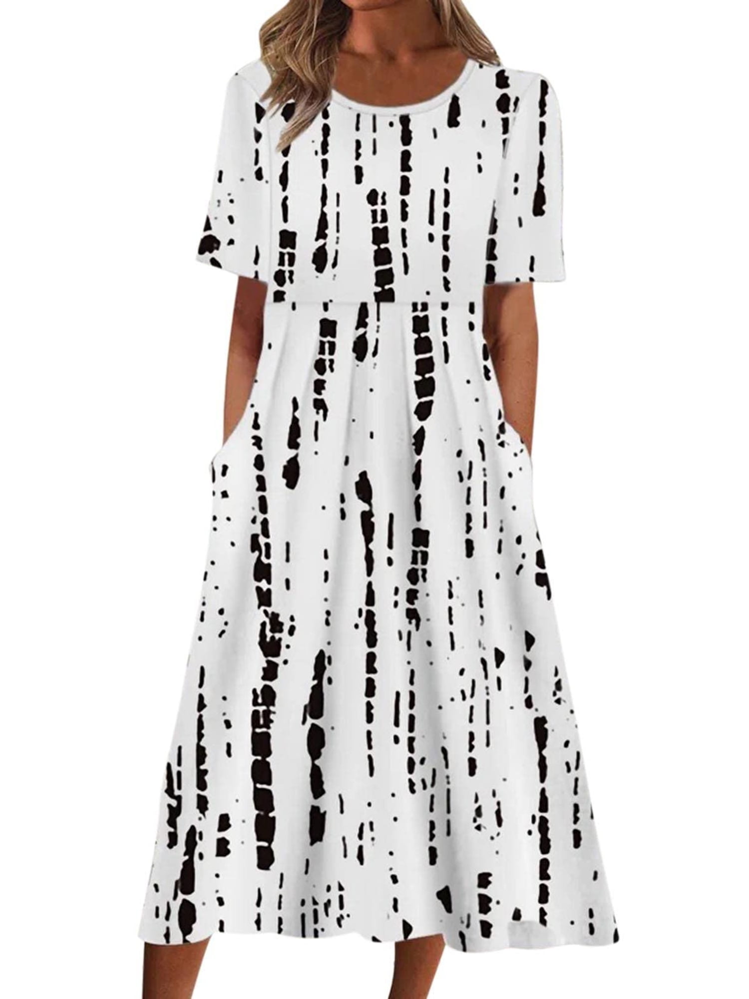 Pntutb Plus Size Dress for Women Casual Round Neck Print Summer Short Sleeve Dresses Pockets