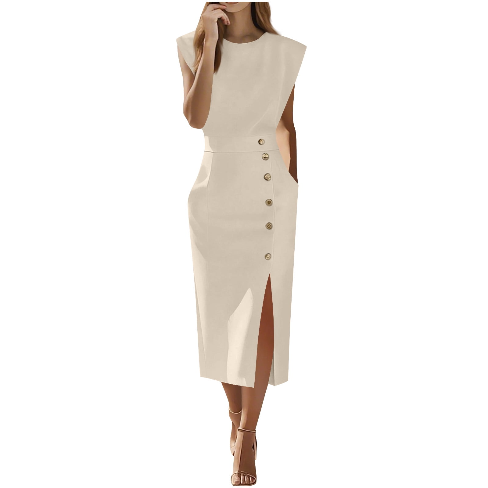 Alternative view of Women's Solid Spring Fall Dress - Round Neck with Pockets, Elegant Office Work Party Banquet Dress, A-Line Formal Midi Dress for Commuting Daily Wear and Special Occasions
