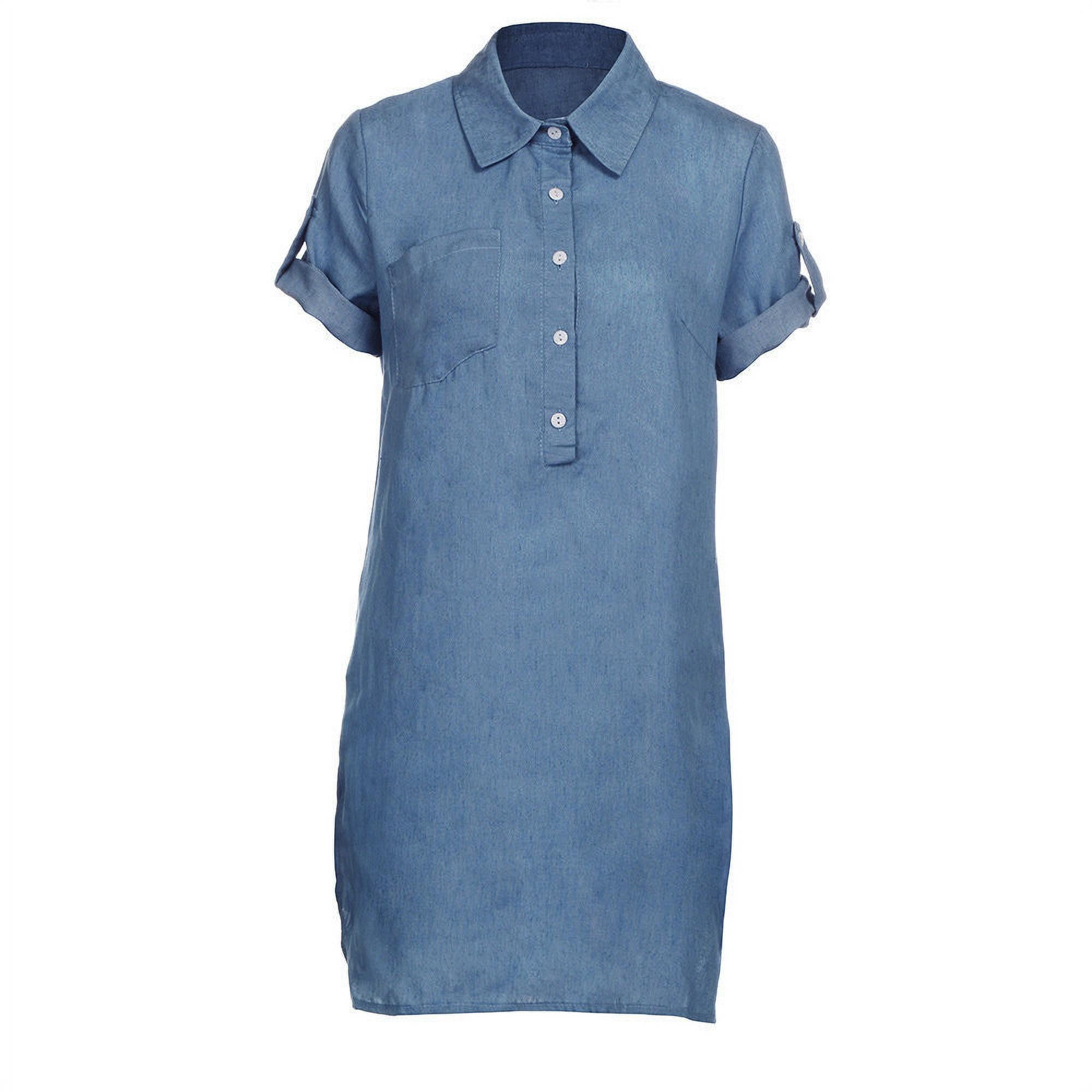 Alternative view of Women Short Sleeve Solid Denim Dress Turn Down Collar Mini Dress