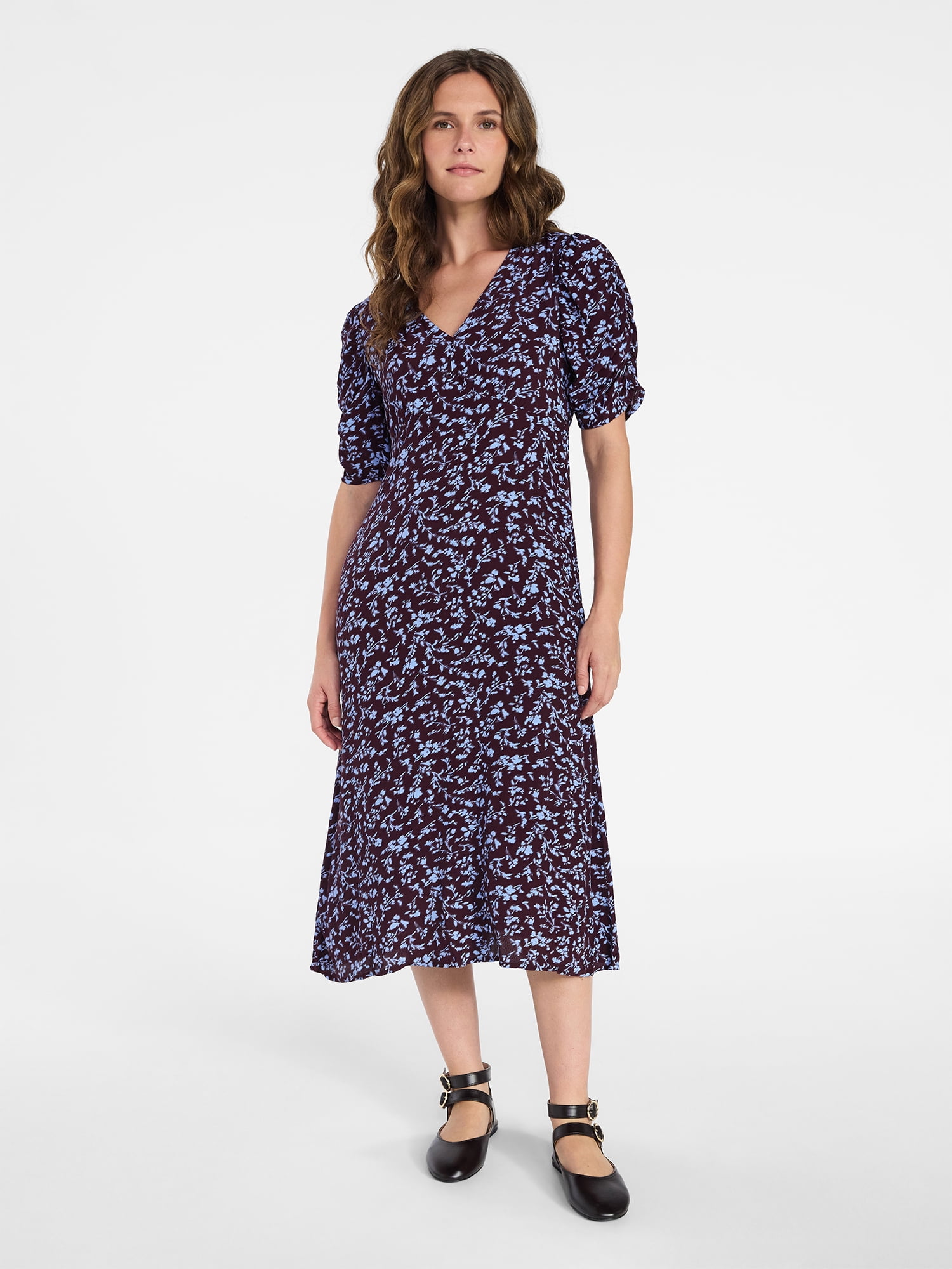 Women's Midi Dress with Ruched Sleeves - Image 3