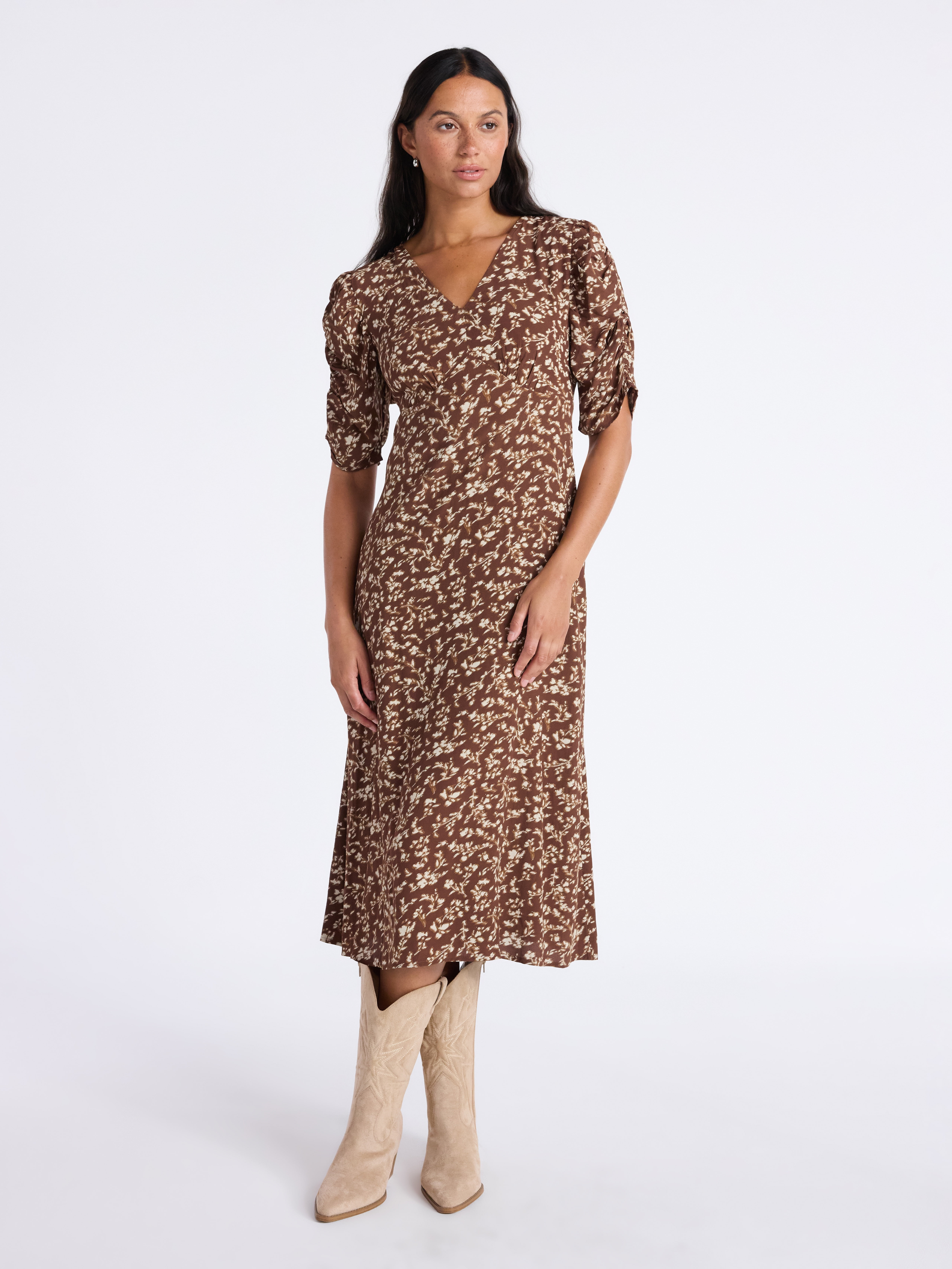 Women's Midi Dress with Ruched Sleeves - Image 4
