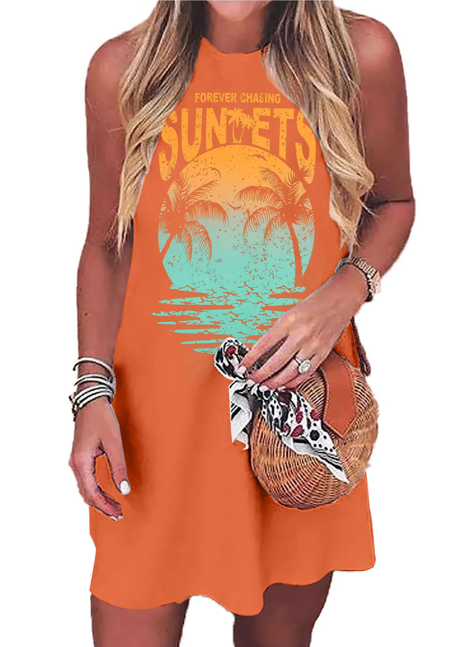 Women Summer Sleeveless Coconut Tree Graphic Sundress Beach Vacation Mini Tank Dress