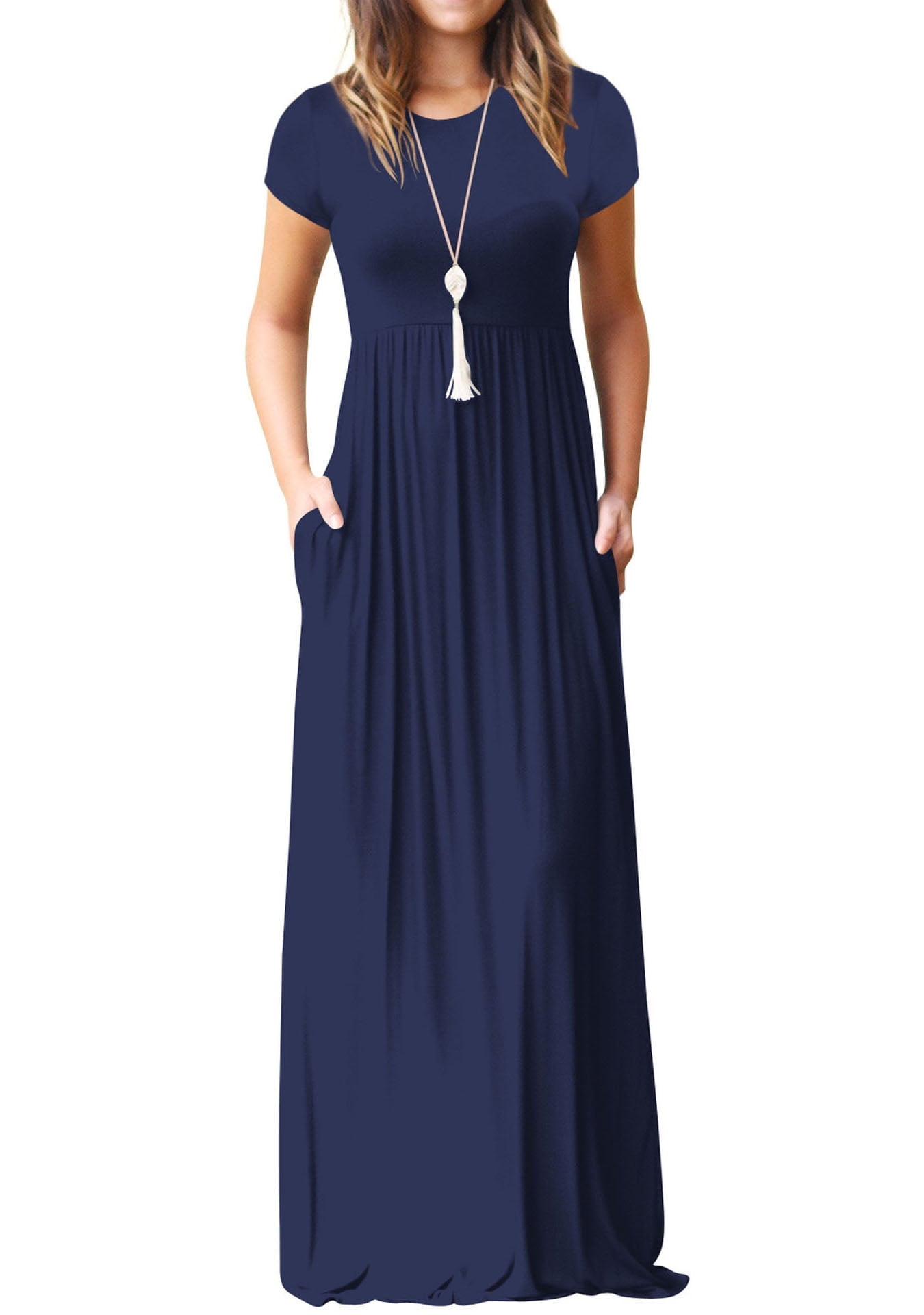 Alternative view of Women's Maxi Dresses Short Sleeve Long Casual Dresses Loose Plain with Pockets, Navy Blue