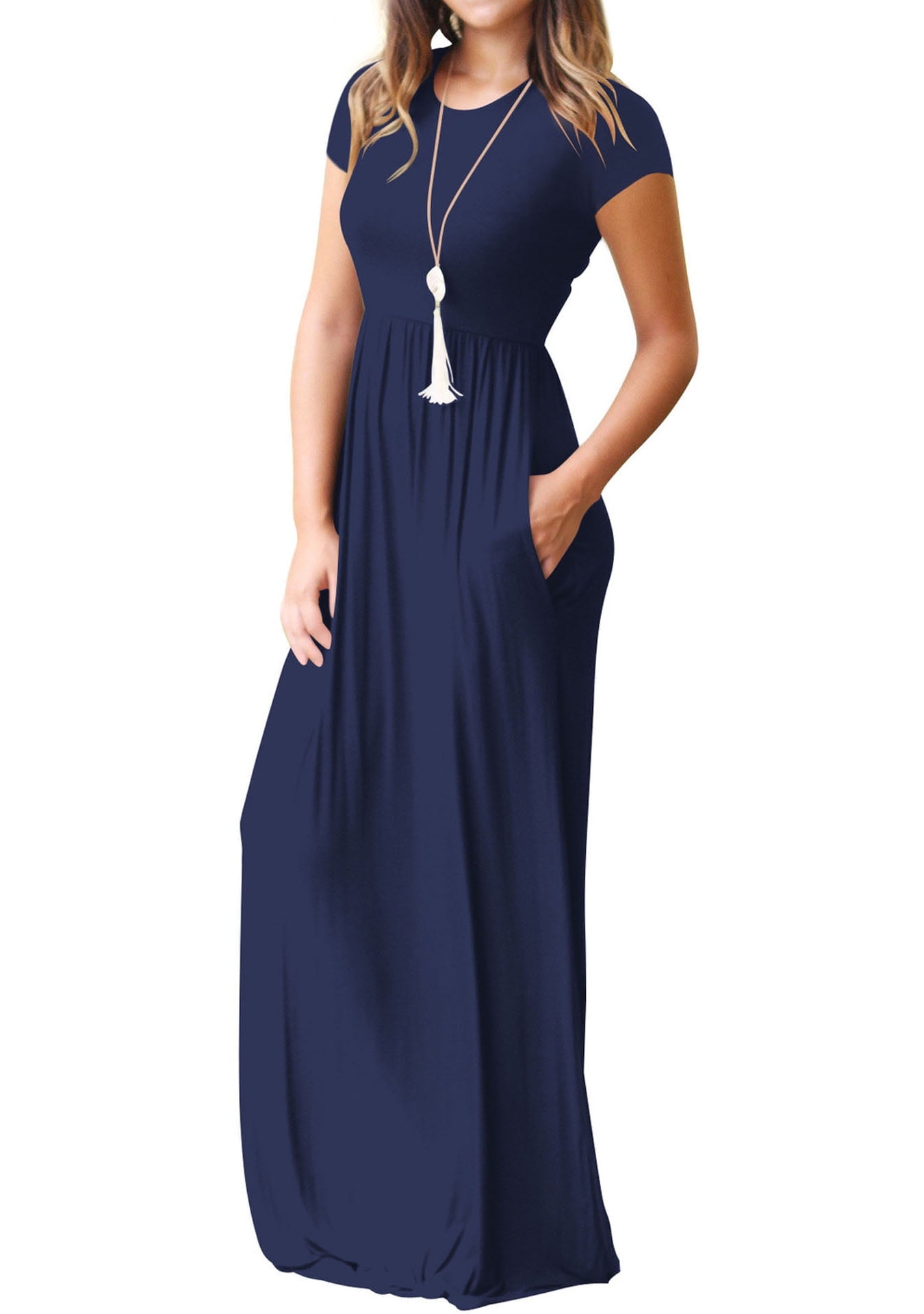 Women's Maxi Dresses Short Sleeve Long Casual Dresses Loose Plain with Pockets, Navy Blue