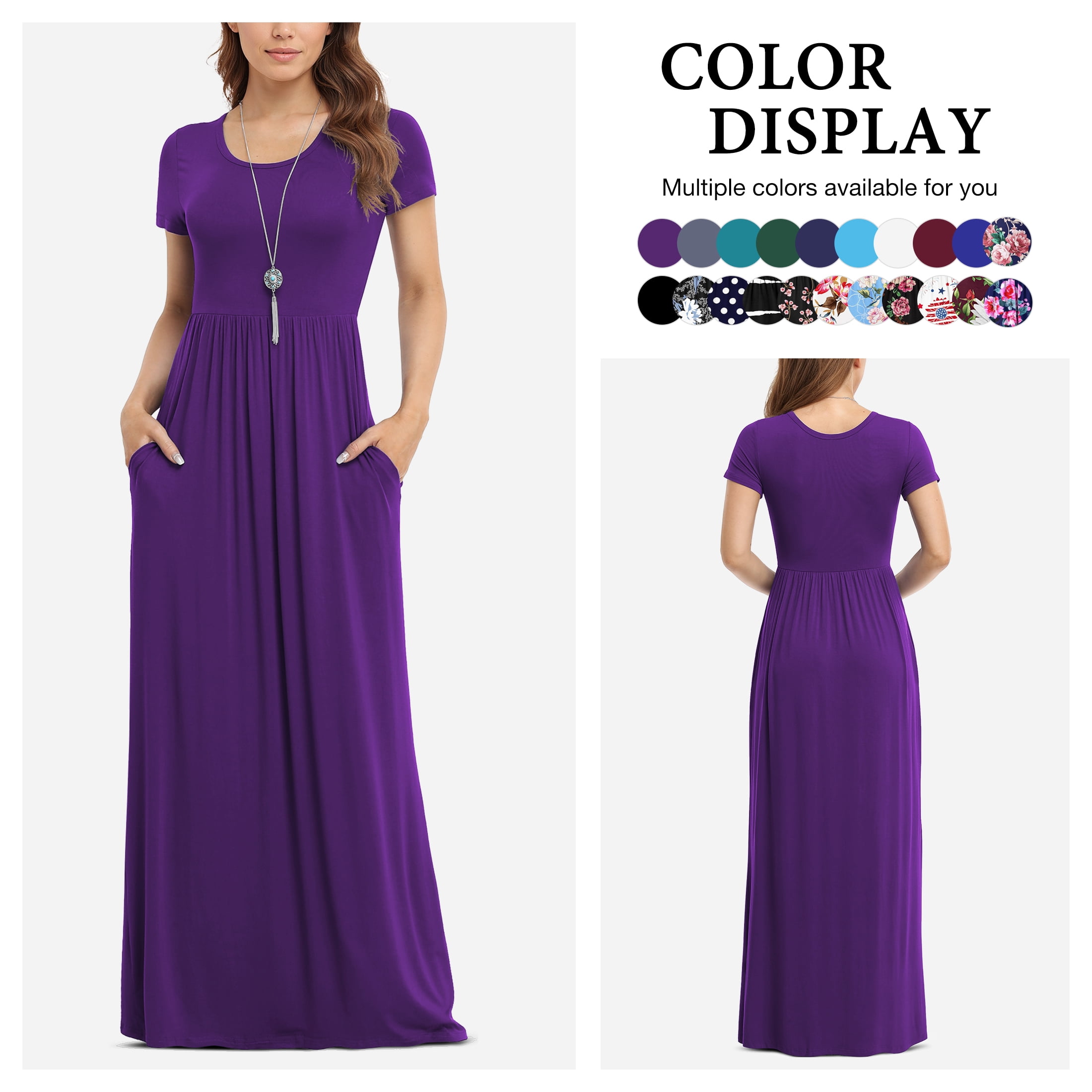 Women's Short Sleeve Loose Plain Maxi Dresses Casual Long Dresses with Pockets