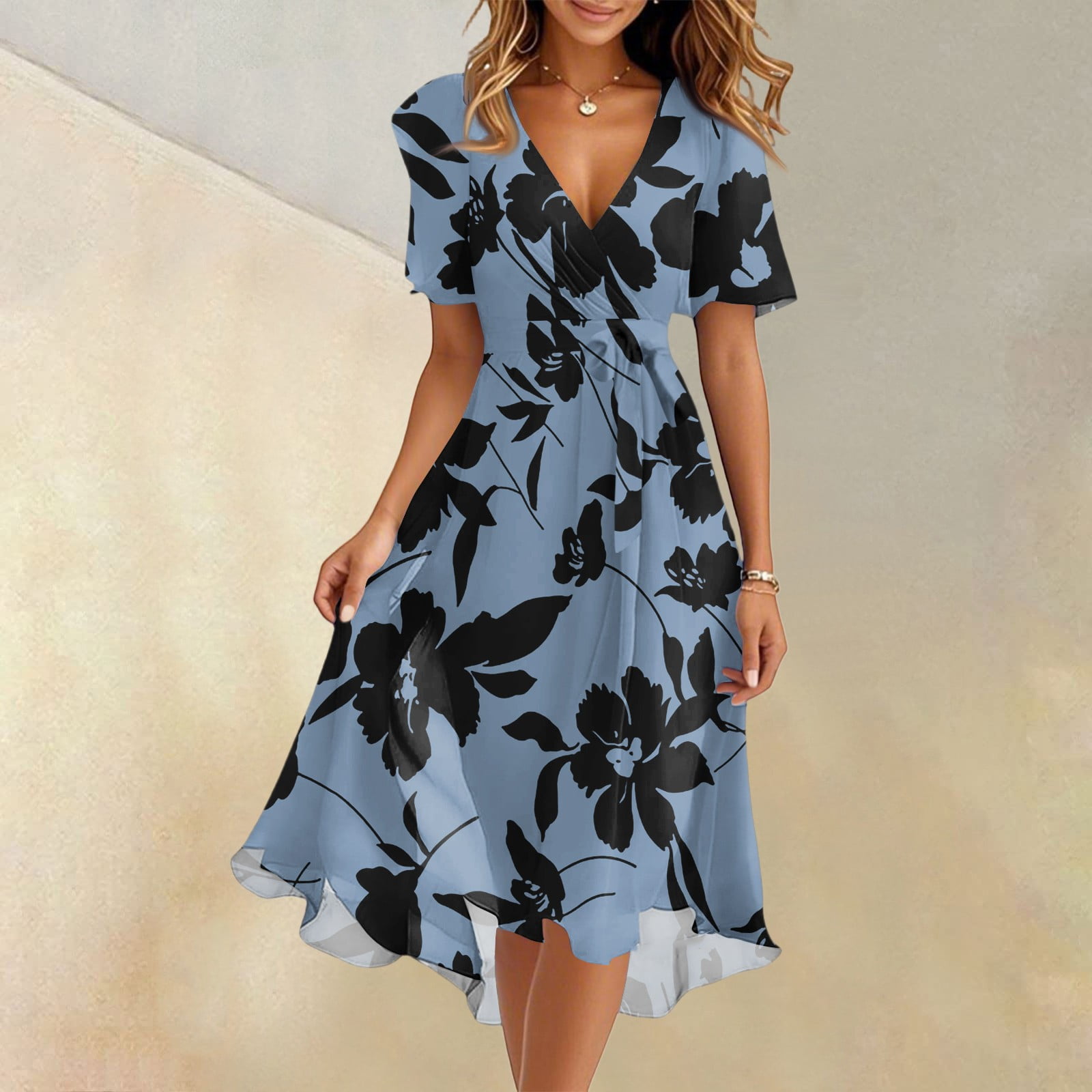 Alternative view of Women's Summer Dress Sexy V Neck Casual Wear To Work Dresses Short Sleeve Smocked Flared Flowy Beach Boho Midi Floral Dress,Dark Blue