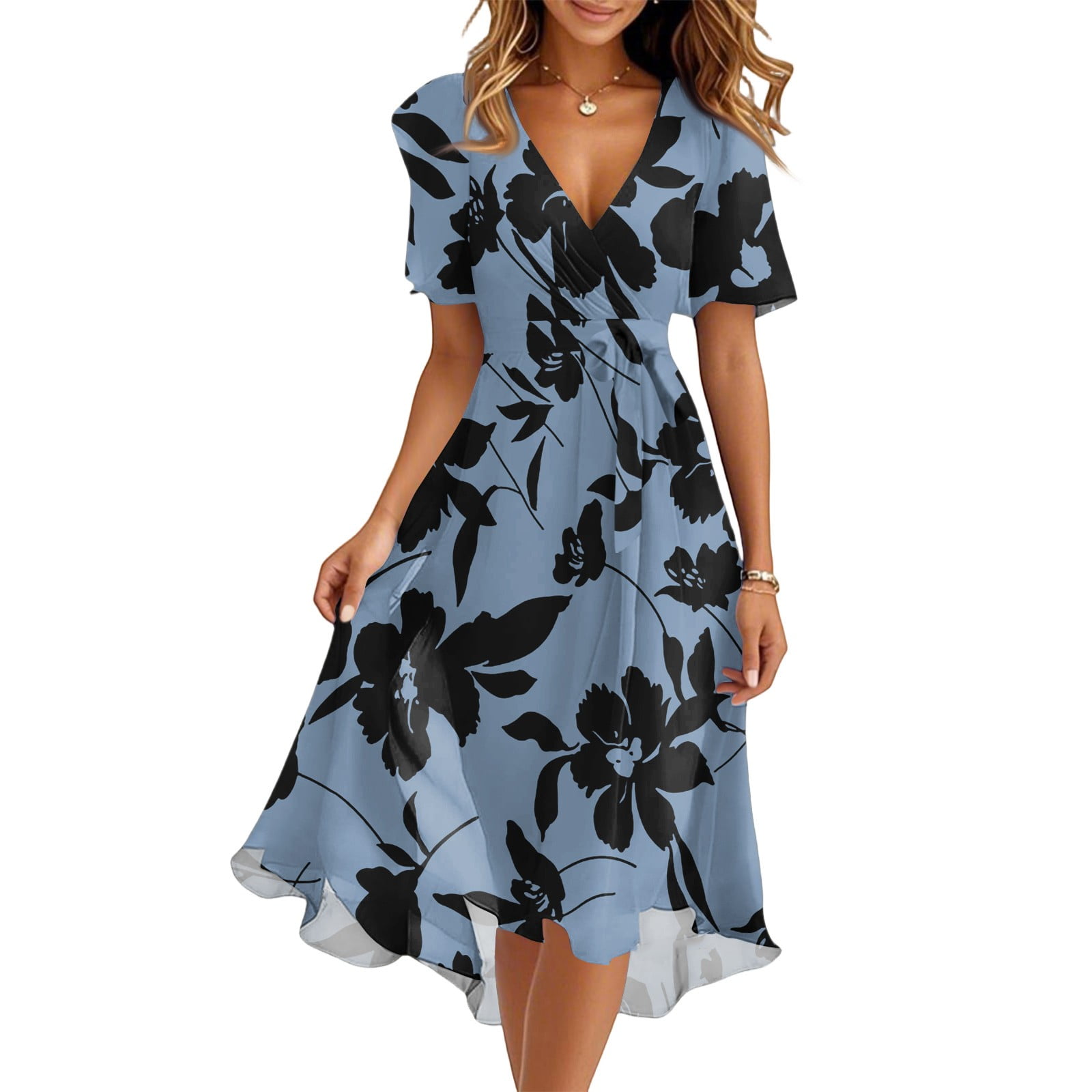 Women's Summer Dress Sexy V Neck Casual Wear To Work Dresses Short Sleeve Smocked Flared Flowy Beach Boho Midi Floral Dress,Dark Blue